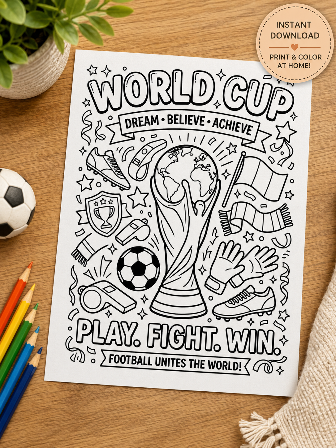 Free printable Free World Cup Soccer Coloring Page Printable PDF | Football Coloring Sheet for Kids & Adults | Sports Activity | Instant Download — PDF download